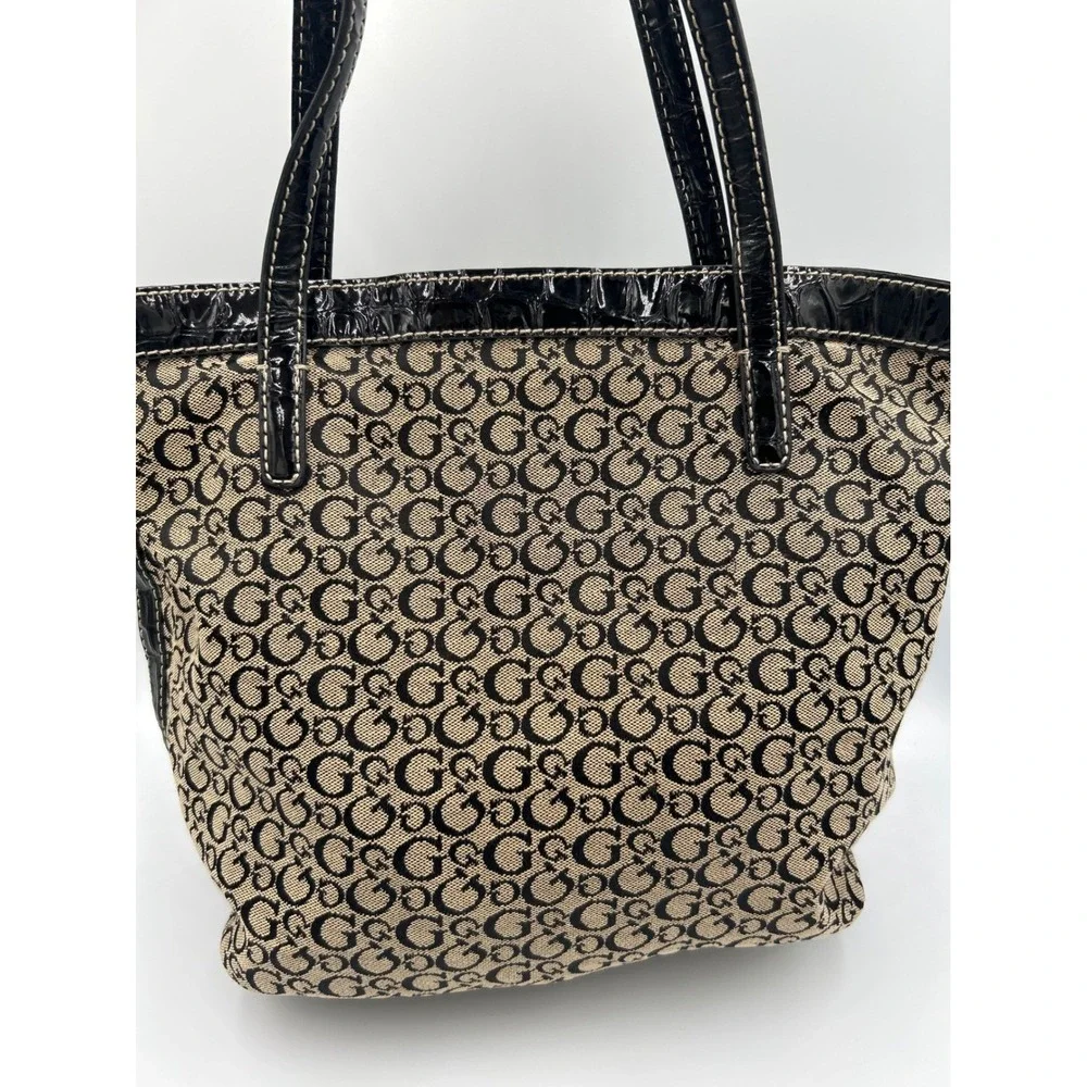 Guess Monogram Tote Bag Black Tan Canvas Rhinestone G Logo‎ Y2K Purse